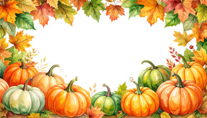 Ripe orange pumpkin and colorful autumn leaves on white background