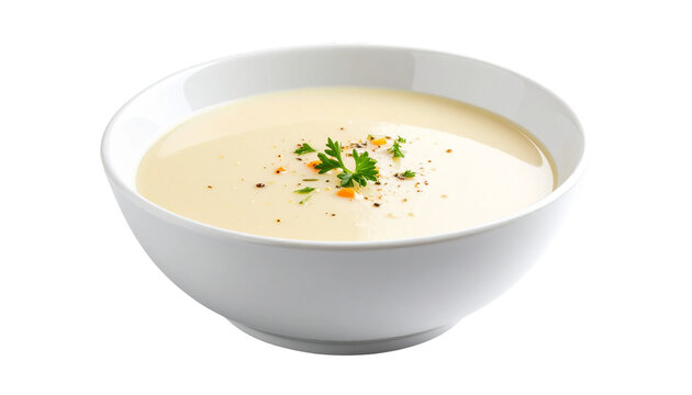 Veloute: A soup thickened with a roux and made with a light stock, such as chicken or fish stock, on transparent background