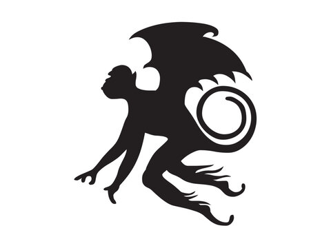 Vector isolated mythical flying monkey with wings winged monkey oz side view colorless black and white outline silhouette shadow shape stencil solid black