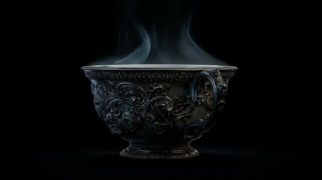 Ornate antique teacup with steam