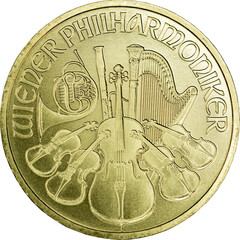 Macro gold coin quarter ounce pure gold Wiener Philharmoniker isolated on transparent background