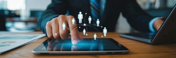 Businessperson interacts with a digital network on a tablet.