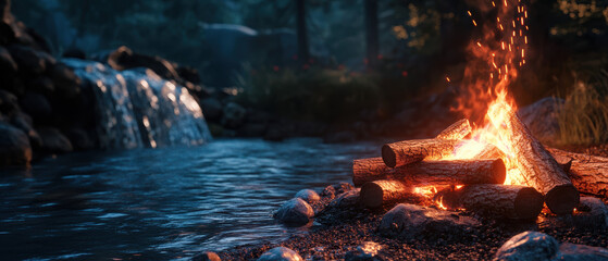 Close-up campfire experience in a tranquil forest setting - digital nature art