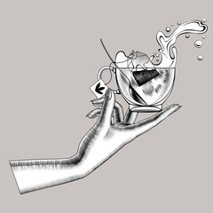 Female hand holding a glass transparent cup with splash of tea, spoon and tea bag inside. Drawing in black and white vintage engraving style. Vector 
Illustration
