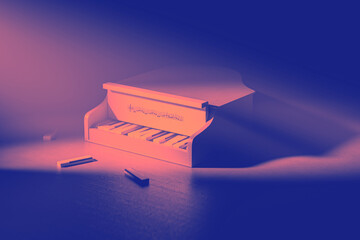 Small blue piano with a keyboard and a few wooden blocks on the table. The piano is not in good condition, and the blocks are scattered around it. Scene is somewhat melancholic. 3d render