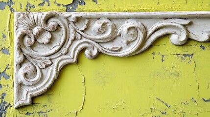 Ornate corner trim on distressed wall