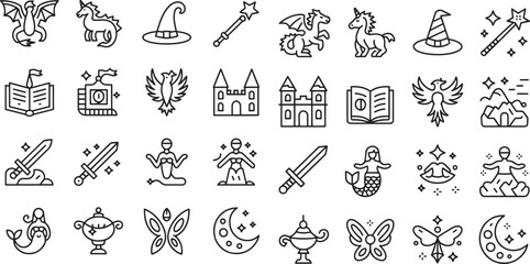 Thirty Six Black Line Art Mythical Fantasy Icons Dragons Unicorns Mermaids Castles Swords Magic Wands