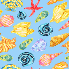 Sea beach seamless watercolor pattern on blue background