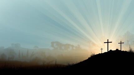 Silent Witness: Silhouette of three crosses against a luminous dawn, conveying themes of sacrifice, hope, and spiritual significance. Rays of light emanate from the sky.