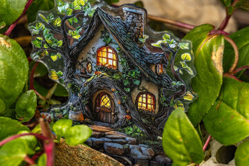 Fototapeta premium Small colorful house for elves hidden in the garden, Baba Yaga's house, garden decorations,