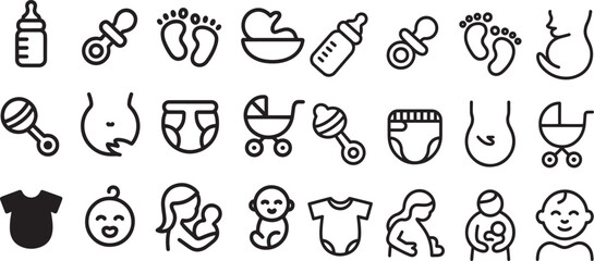 Twelve Black Line Art Baby Icons Set Infant Care Products Pregnancy Symbols Newborn Motherhood vector