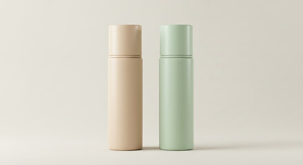 Minimalist Cylindrical Containers in Beige and Light Green on Neutral Background