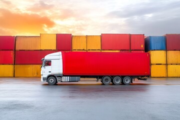 Sunset over an industrial hub with cargo trucks and containers for global trade logistics.