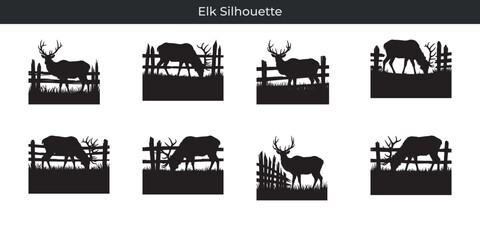 Fototapeta premium Elegant elk silhouette collection grazing beside a rustic wooden fence in a natural setting
