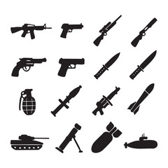 Black silhouette collection of various military weapons and vehicles.