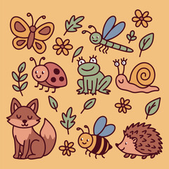 Cute forest creatures including fox, frog, hedgehog, bee, butterfly, snail, dragonfly and ladybug on beige background with leaves and flowers