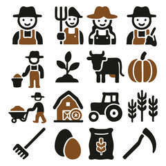 Simple Farm Icons with Happy Farmers and Farm Equipment.
