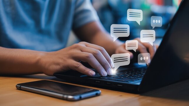 A person types on a laptop with communication icons.