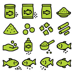 Colorful Fish Food Icons for Aquarium or Pond Pets.