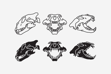 Tiger head skulls line icon set. Tiger skull bone silhouette collection. Puma, leo, lion, saber, predator, wildlife, hunting, tattoo, adventure, museum, archaeologist. Vector illustration.
