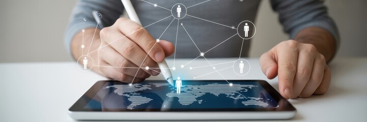 Hands interacting with a digital tablet displaying a global network of people.