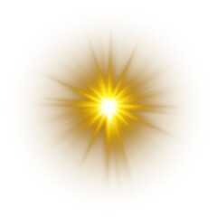 Gold Glowing Light Star. Lens Flare. PNG explodes  bright blue light. Sun glare effect. Bright flash.