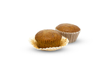 Two Brown Muffins in Paper Cups on White Background