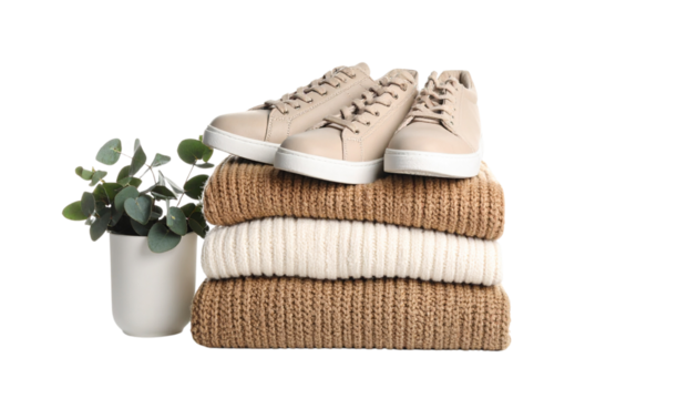 Stylish sneakers and cozy knitwear stack indoor setting fashion isolated on solid white background in Png form