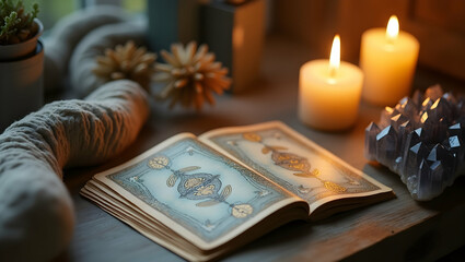 A Serene Still Life, Illuminated Tarot Cards, Crystals, and Candles for Spiritual Reflection and Guidance
