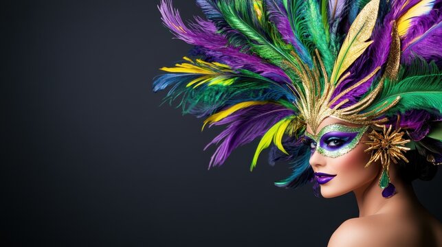 Mardi Gras Enchantment: A beautifully adorned woman with vibrant plumage and a delicate mask, radiating an air of mystery and celebration. Perfect for themed events and cultural content.