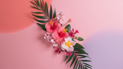 Pink hibiscus flowers and tropical leaves on pink background floral arrangement art
