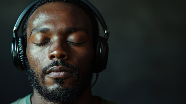 African American man with closed eyes enjoying music with copy space. International Music Day.
