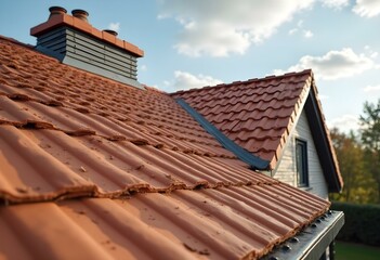 Fototapeta premium Detailed Close-Up of New Plain Red Clay Tiles and Lead Flashing on Pitched Rooftop
