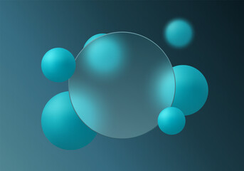 Modern glass morphism design with soft transparent circle and glowing cyan spheres on a cool blue gradient background