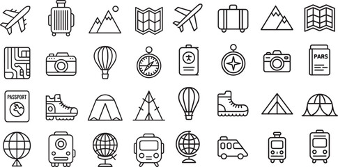 Twelve Clean Black Line Art Travel Icons Pack Airplane Suitcase Mountains Map Compass Camera Passport Boots