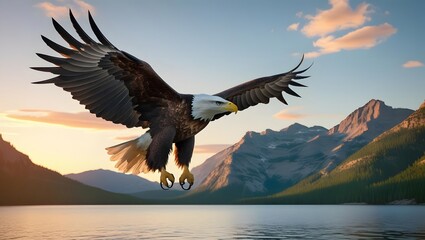 Obraz premium Bald eagle soaring above mountain lake at sunset