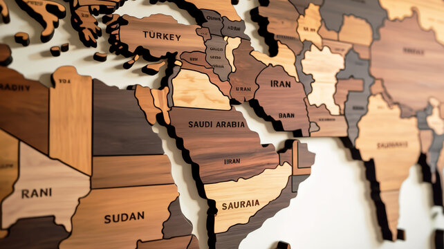 A detailed world map wall art featuring the Middle East and North Africa region, crafted from layered wooden panels in varying shades of brown and beige.