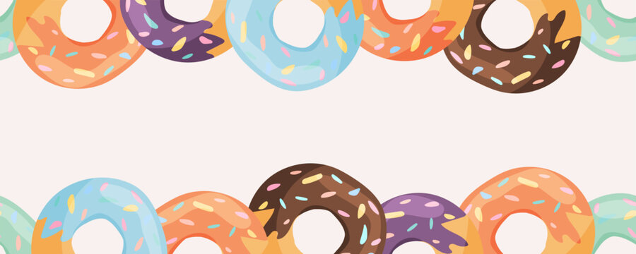 Vector border with bright donuts on top and bottom. Suitable for menus, packaging, business cards, text templates, cafe decoration and promotional layouts - Powered by Adobe