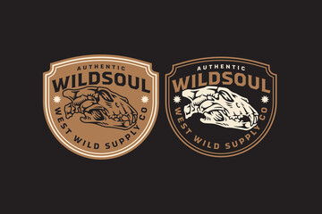 Predator skull retro badge logo vector design set for wildlife, hunter, adventure. Wild tiger skull bone vintage emblem logo graphic collections. Tiger cranium illustration label element designs