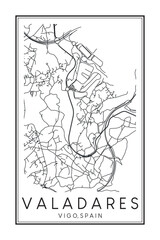 Hand drawn printable downtown road map poster of district VALADARES of the Spanish city of VIGO on solid white background with city name