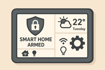 Naklejka premium Smart Home Dashboard. Vector illustration of smart home control panel mounted on wall displaying security status, weather updates,