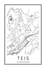 Hand drawn printable downtown road map poster of district TEIS of the Spanish city of VIGO on solid white background with city name
