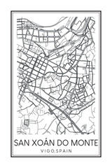 Obraz premium Hand drawn printable downtown road map poster of district SAN XOÁN DO MONTE of the Spanish city of VIGO on solid white background with city name