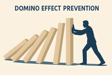 Preventing the Cascade: An illustration encapsulates the critical moment of preventing a domino effect, with a figure decisively holding back the falling blocks, symbolizing proactive control.