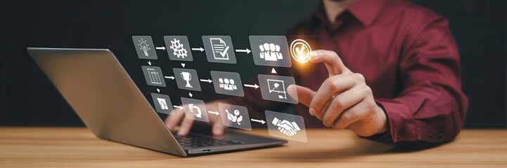 Workflow process displayed on a laptop screen.