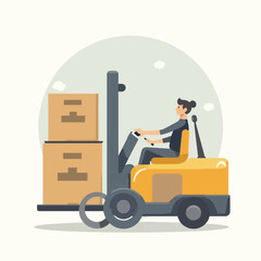 A woman operates a forklift, carrying stacked boxes.