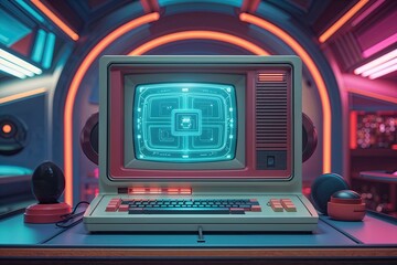 Obraz premium Imaginative Retro-Futuristic 80s Personal Computer Backdrop