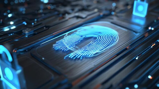 Futuristic Digital Fingerprint Scanner Interface with Glowing Blue Elements in a High-Tech Environment - Powered by Adobe