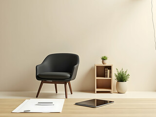 A serene and minimalist workspace featuring a modern chair tablet and greenery embodying a tranquil and productive remote work environment