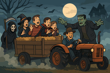 Haunted Hayride Adventure. Vector illustration of haunted hayride scene with costumed actors, fog effects, and bumpy tractor ride